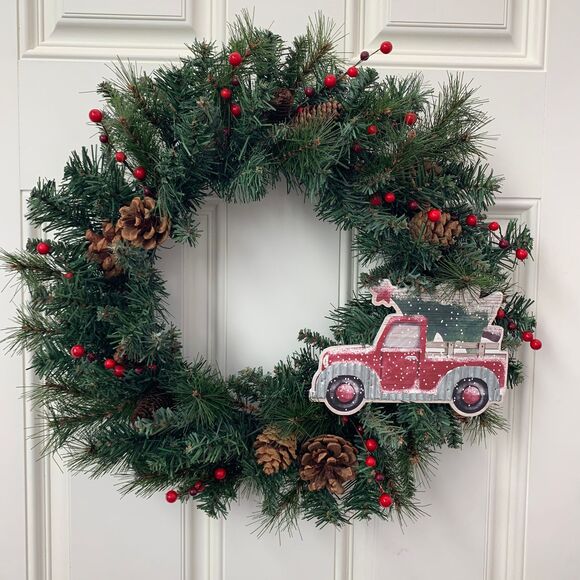 Red Truck Christmas Wreath: Farmhouse Pinecone Berry Door Decor - Picture 10 of 10